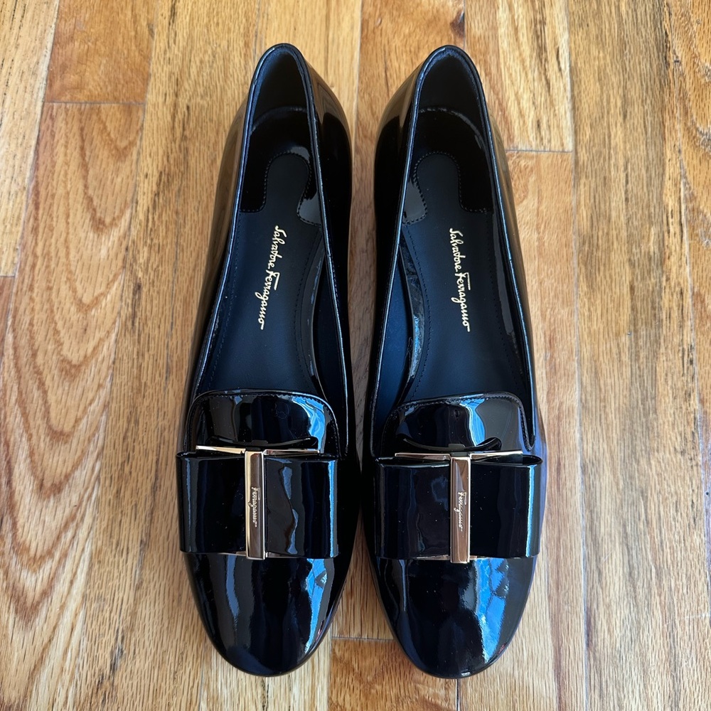 Salvatore Ferragamo Black Patent Leather Loafers with Gold Buckle - Picture 3 of 7